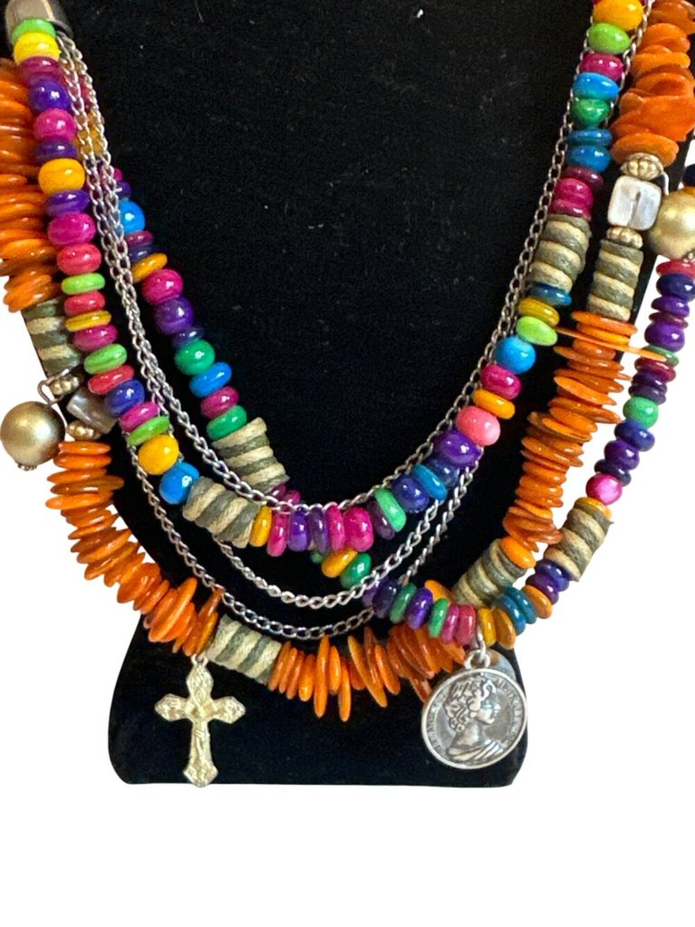 Colorful Multilayer Beaded Necklace Charms & Metal Chains Boho Elizabeth II